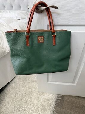 Dooney & Bourke Forest Green Pebbled Leather Tote with Brown Trim